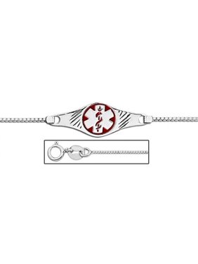 Sterling Silver Medical ID Ankle Bracelet W/ Box Chain W/ Red Enamel - 7-1/2 Inch