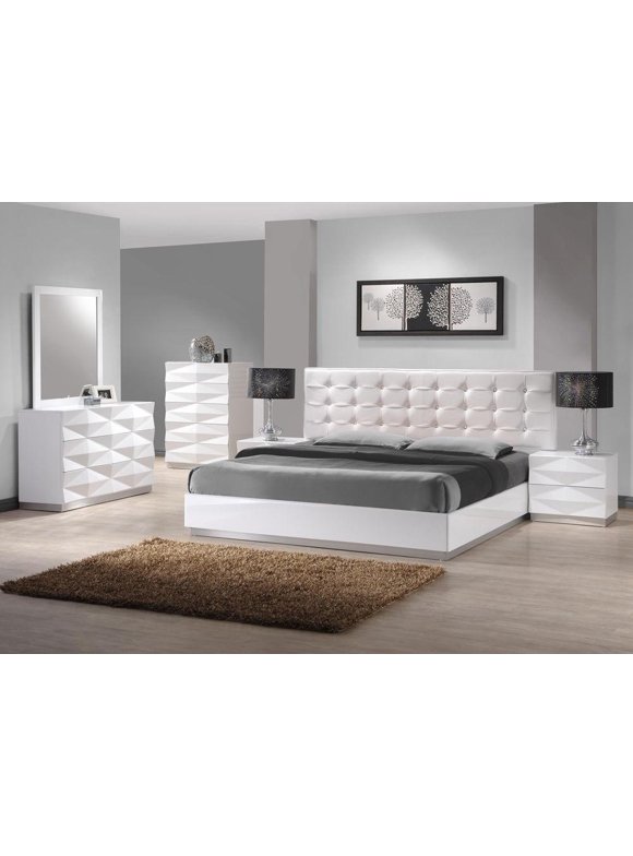 Modern White Lacquer & Premium Leather Queen Size Bedroom Set 3Pcs J&M Verona