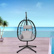 Hanging Egg Chair w/Cushion&Stand, BTMWAY Outdoor UV-Resistance Resin Wicker Swing Egg Chair, Heavy-Duty Indoor Bedroom Hammock Egg Chair w/Frame, Gray, A2843