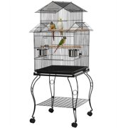SmileMart Metal Rolling Bird Cage with Triple Roof Detachable Stand for Birds Finches Lovebirds Canaries Cockatiels Conures Parakeets,Black