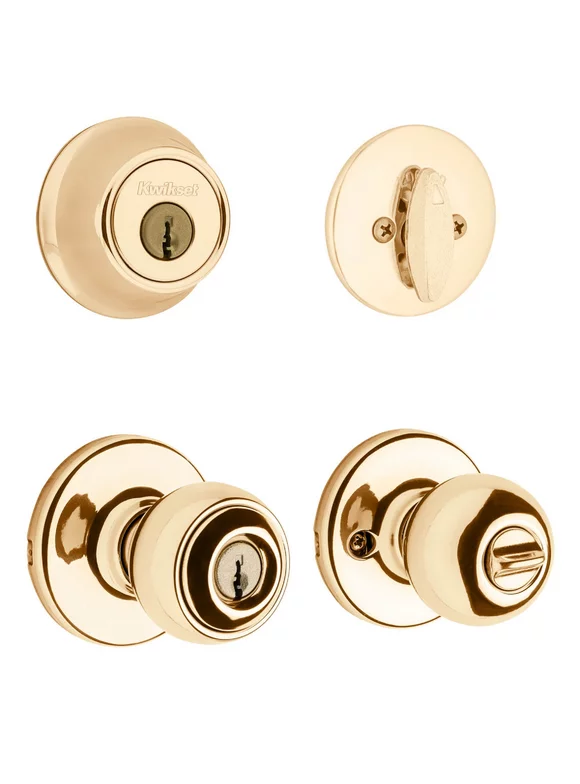 Kwikset 690P 3 Polo Knob with Single Cylinder Deadbolt Combo Pack, Polished Brass