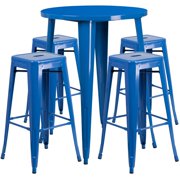 Set of 5 Blue Round Metal Indoor or Outdoor Bar Height Table and Square Seat Backless Stools Set 41