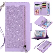 Zipper Wallet Case for iPhone 6S Plus iPhone 6 Plus 5.5-inch, Allytech Bling Glitter Leather Case with 9 Credit Card Holder Flip Magnetic Closure Stand Cover with Cash Pocket and Hand Strap, Purple