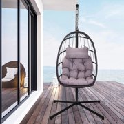 UHOMEPRO Resin Wicker Hanging Egg Chair with Cushion and Stand, Heavy Duty Swing Chair Backyard Relax, UV Resistant Outdoor Indoor Patio Hanging Egg Chair with Steel Frame, Holds 264lbs, Q17114