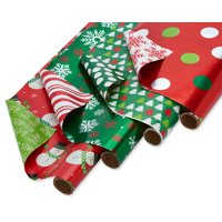 American Greetings Reversible Wrapping Paper, Red and Green Snowmen, Trees, Snowflakes, Dots, 4-Rolls, 120 Total Sq. Ft.