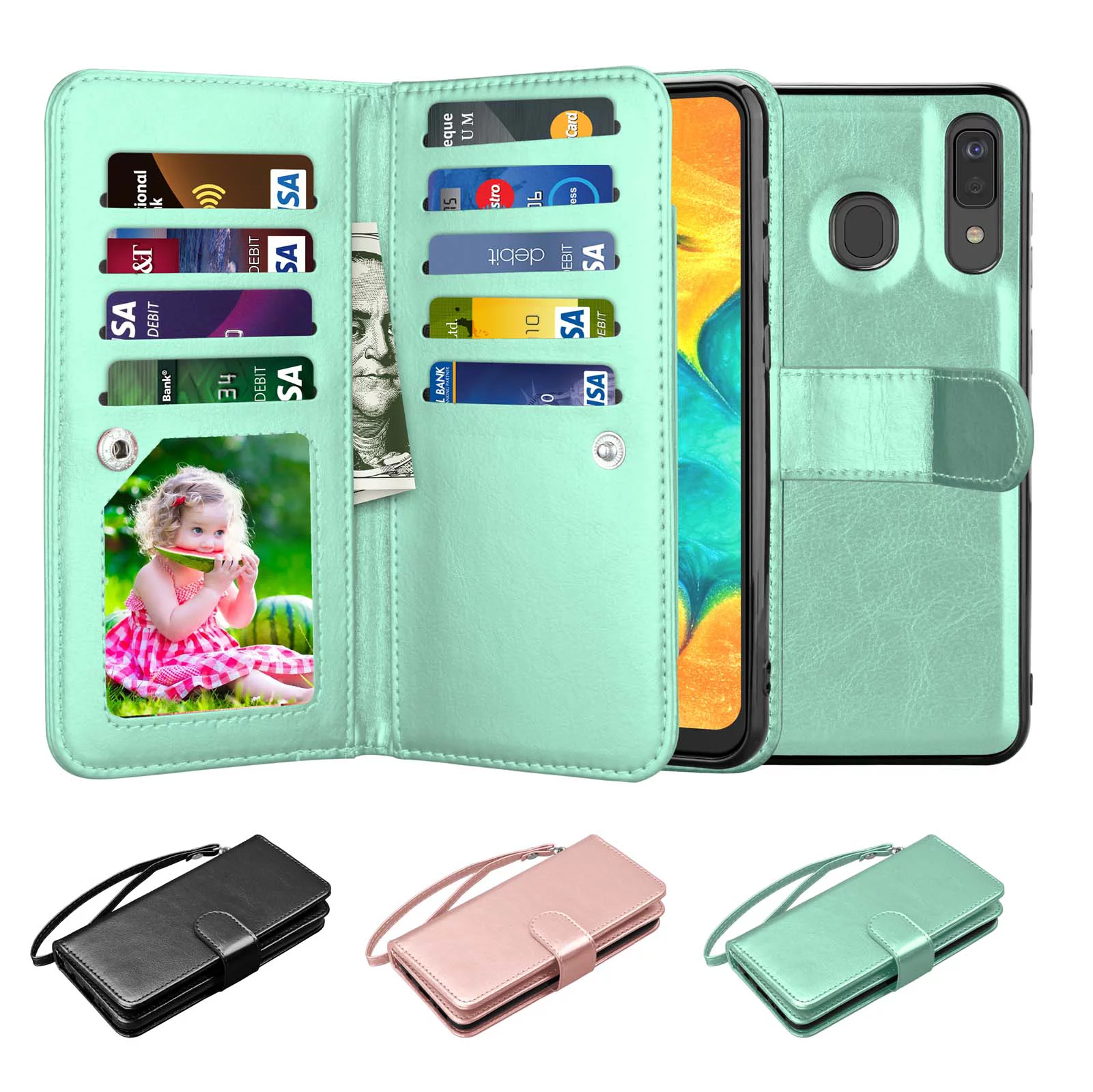 6.4" 2019 Galaxy A20 Case, Samsung A20 / A30 Wallet Case, Njjex Luxury Pu Leather 9 Card Slots Holder Carrying Folio Flip Cover [Detachable Magnetic Hard Case] & Kickstand & Hand Strap
