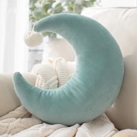 Phantoscope Kids Pillow Moon Shape with Pom Pom Soft Velvet Series Decorative Throw Pillow, 18" x 16", Water Green, 1 Pack