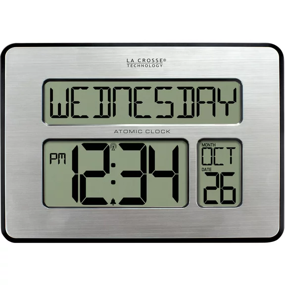 La Crosse Technology 513-1419-INT Atomic Digital Full Calendar Silver Clock with Extra Large Digits
