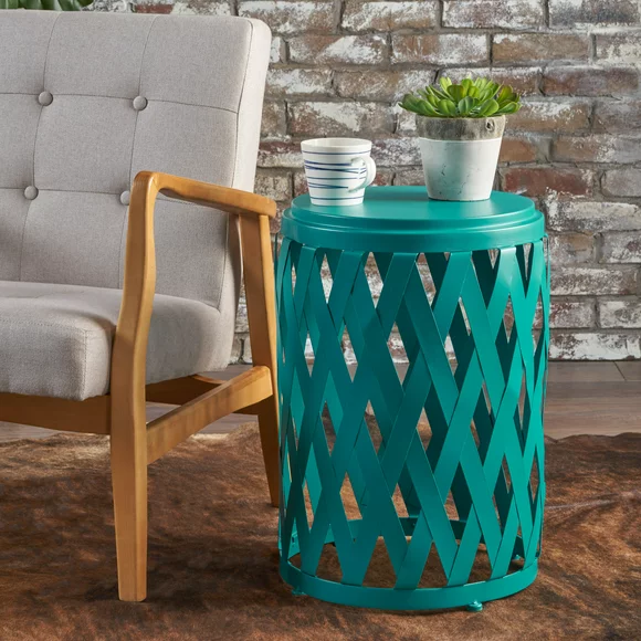 Noble House Bonnie Circular Iron Side Table,  Matte Teal