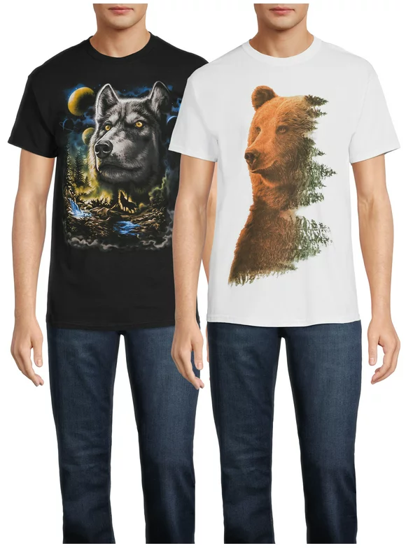Humor Men's & Big Men's Wolf Night and Bear Trees Graphic T-Shirts, 2-Pack