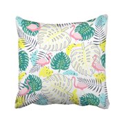 WOPOP Colorful Exotic Tropical Plants With Flamingos Floral Beach Beautiful Beauty Bird Cactuses Pillowcase Cover 18x18 inch