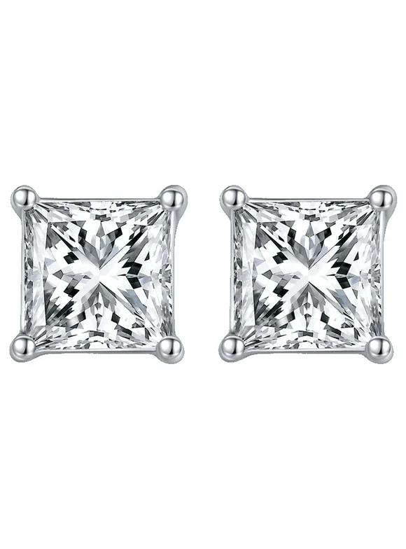 TwoBirch 1 Carat Princess Moissanite Stud Earrings (4.5 x 4.5 mm, GRA Certified) set in Platinum Plated Silver