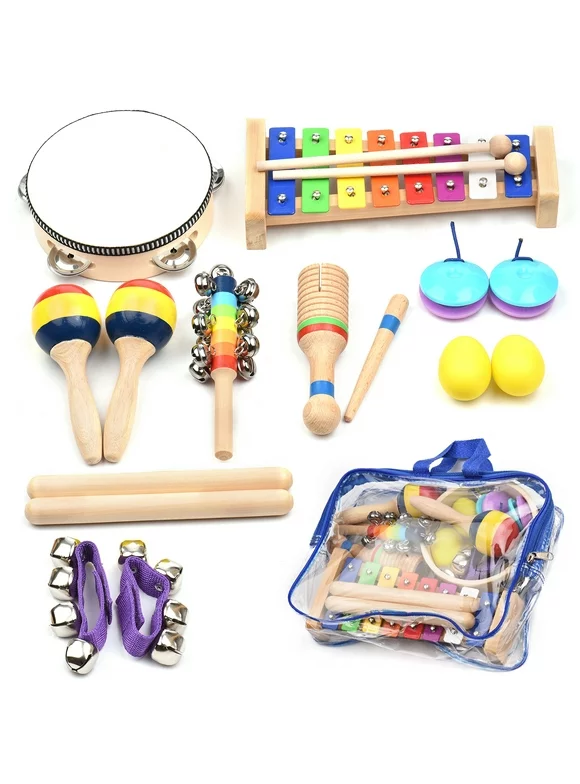 Dcenta 13 PCS Kids Musical Instruments Toys with Carry Bag Colorful Wooden Percussion Instruments Early Education Gifts for Toddlers Children Preschool Girls Boys