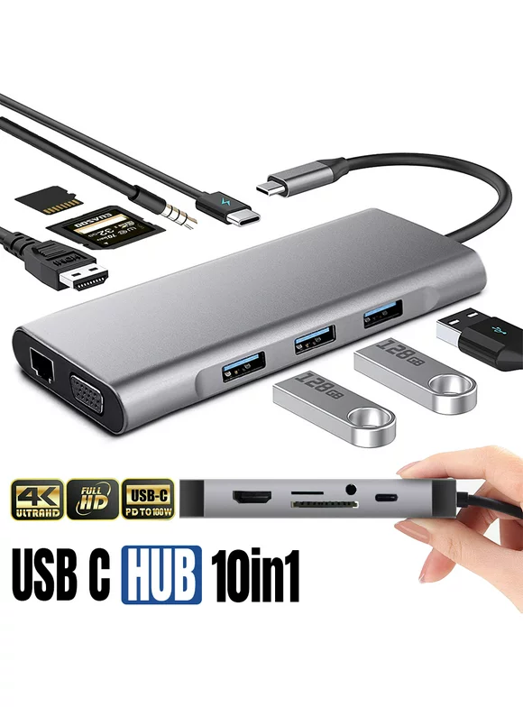 USB C Hub Adapter for MacBook Pro, Thunderbolt 3 Adapter,10-in-1 USB C Dongle with Gigabit Ethernet, USB C to HDMI VGA Adapter,100W Power Delivery,3 USB 3.1, SD TF Card Reader-Through Port Adapters