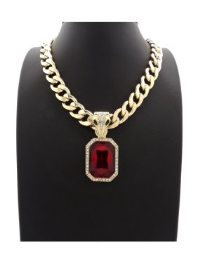 Hip Hop Fashion Iced Out Red Ruby Pendant w/ 11mm 18" Gold Tone Cuban Chain