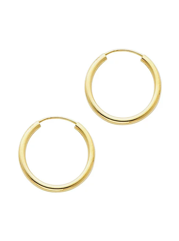 14k Solid Italian Yellow Gold 2 mm Plain 20 mm Diameter Endless Hoop Earrings