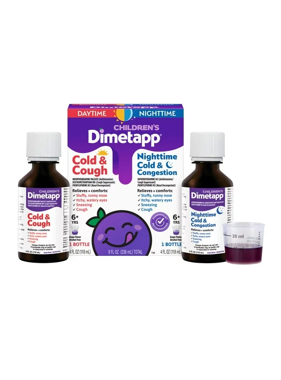 Childrens Dimetapp Day & Night, Cold & Cough, Nighttime Medicine, Antihistamine, Grape Flavor, Alcohol-Free, (2) 4 oz liquid Bottles