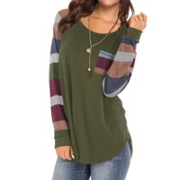 Women Round Neck Long Sleeves Color Block Tunic Shirt