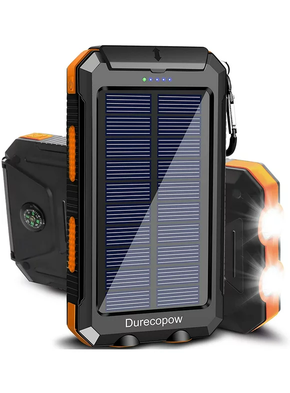 Durecopow 20000mAh Solar Charger for Cell Phone iPhone, Portable Solar Power Bank with Dual 5V USB Ports, 2 LED Light Flashlight, Compass Battery Pack for Outdoor Camping Hiking(Orange)