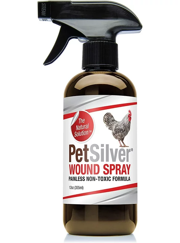 PetSilver Wound Spray Chicken Formula with Chelated Silver, Vet Formulated. All Natural Pain Free Formula for Birds & Poultry, Relief and Support for Wounds, Burns, 12 oz.