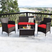 Costway 4 PCS Outdoor Patio Rattan Furniture Set Table Shelf Sofa with Red Cushions