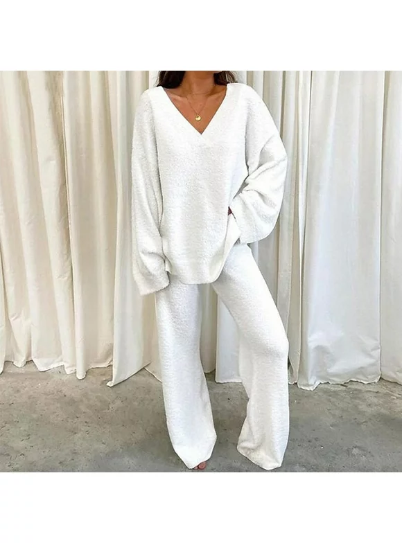 Fleece Pajamas Sets for Women Winter Warm Loose Long Sleeve V Neck Velour Sweatsuit Sets Tracksuits Soft Pjs Outfit Plus Size