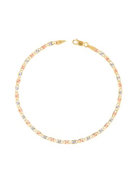 10K Tri-color Solid Yellow White Rose Gold Womens 2.5mm Valentino Chain Bracelet, 7"- 9"