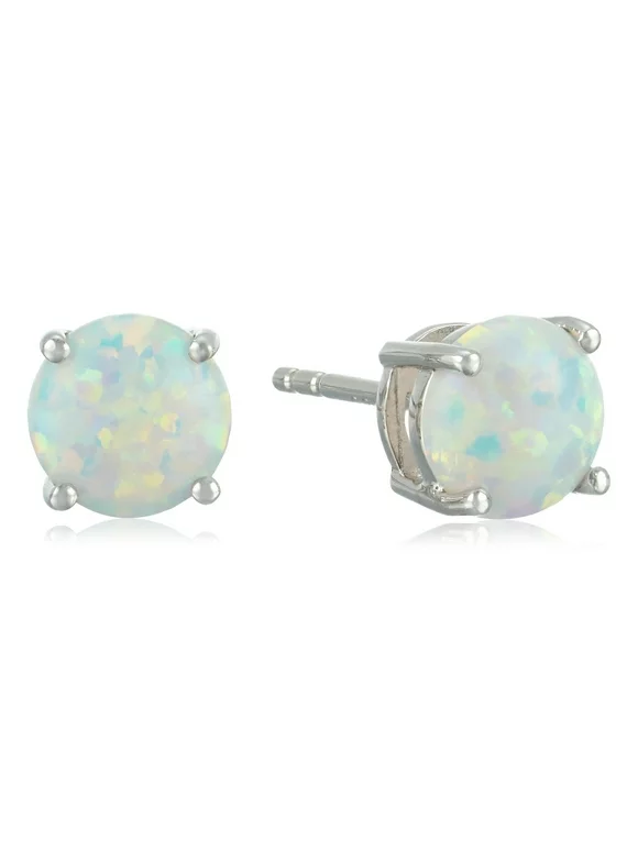Pinctore Sterling Silver Created Opal 7 mm Round Stud Earrings