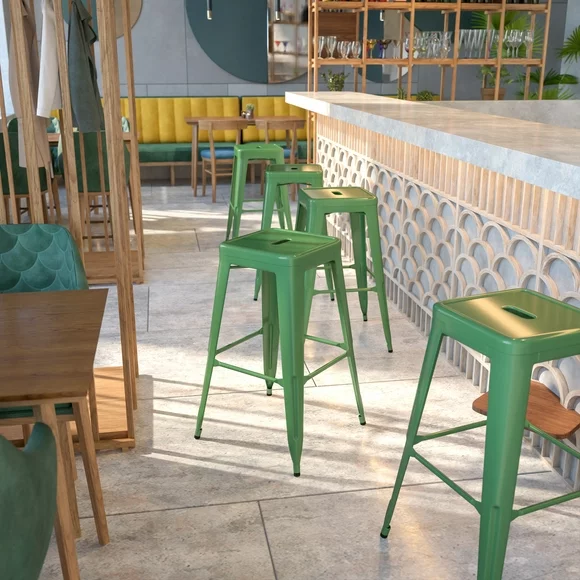 Flash Furniture Commercial Grade 30" High Backless Green Metal Indoor-Outdoor Barstool with Square Seat