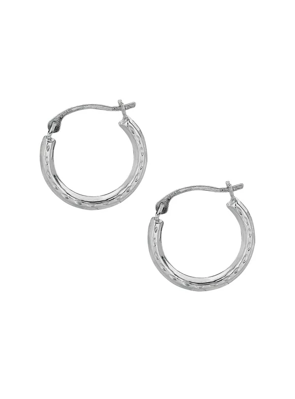 10K White Gold Shiny Diamond Cut Small Round Hoop Earrings with Hinged by IcedTime