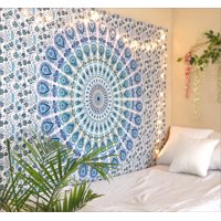 Blue White Peacock Mandala Tapestry Twin Size Boho Beach Throw Dorm Room Indian Wall Hanging Art Bedspread Outdoor Picnic Blanket by Oussum