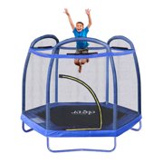 Clevr 7ft Kids Trampoline with Safety Enclosure Net & Spring Pad, Mini Indoor/Outdoor Round Bounce Jumper 84", Built-in Zipper Heavy Duty Steel Frame, Blue , Great Gift for Kids