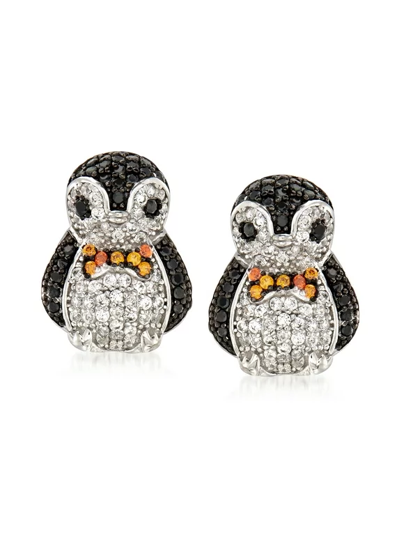 Ross-Simons 0.80 ct. t.w. Black and White CZ Penguin Earrings in Sterling Silver, Women's, Adult
