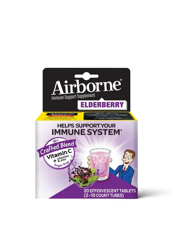 Airborne Elderberry Extract + Vitamin C 1000mg (per serving) - Effervescent Tablets, Gluten-Free Immune Support Supplement, With Vitamins A C E, Zinc, Selenium, Sugar Free, 20 count.