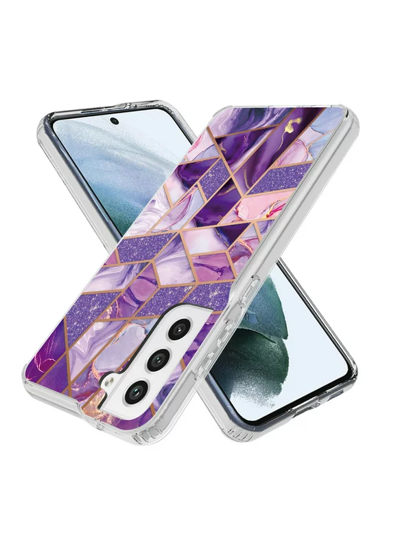 Samsung Galaxy S21 FE 5G Case, Rosebono Hybrid Bling Glitter Sparkle Laser Purple Polygon Geometric Marble Graphic Fashion Cute Colorful Skin Cover Case for Samsung Galaxy S21 FE 5G