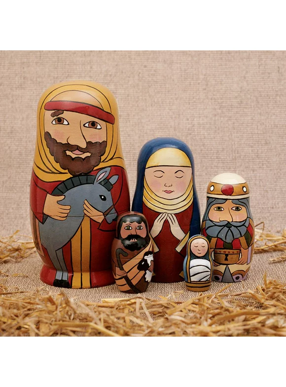 Shulemin 5Pcs/Set Hand Painted Nativity Family Wooden Nesting Dolls Matryoshka Kids Toy Random Color