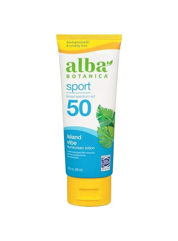 Alba Botanica Sunscreen Lotion, Sport, SPF 50, Fragrance Free, 3 oz (Packaging May Vary)
