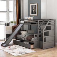 Euroco Wood Stairway Twin Over Full Bunk Bed with 3 Storage Drawers In The Steps, 2 Under Bed Storage Drawers and Slide, Gray