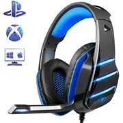 PS4 Gaming Headset with Mic, Beexcellent Newest Deep Bass Stereo Sound Over Ear Headphone with Noise Isolation LED Light for PC Laptop Tablet Mac (Blue)