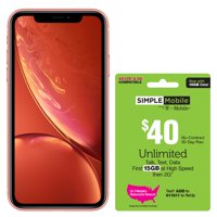 SIMPLE Mobile Apple iPhone XR, 64GB, Coral - Prepaid Smartphone + SM $40 UNLIMITED