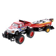 Kid Fun Speed Max King Monster 9 Inch Truck Detachable Trailer With Friction 10 Inch Boat Friction Push Powered Hauler Playset Great Car Boat Fun Adventure for Boys Kids Toddlers Vehicle Red Black