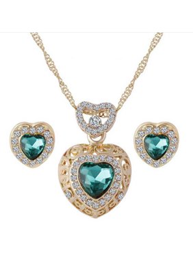 SPRING PARK Women Jewelry Set Heart Alloy Rhinestone Pendant Bracelet Earrings Necklace Ring New