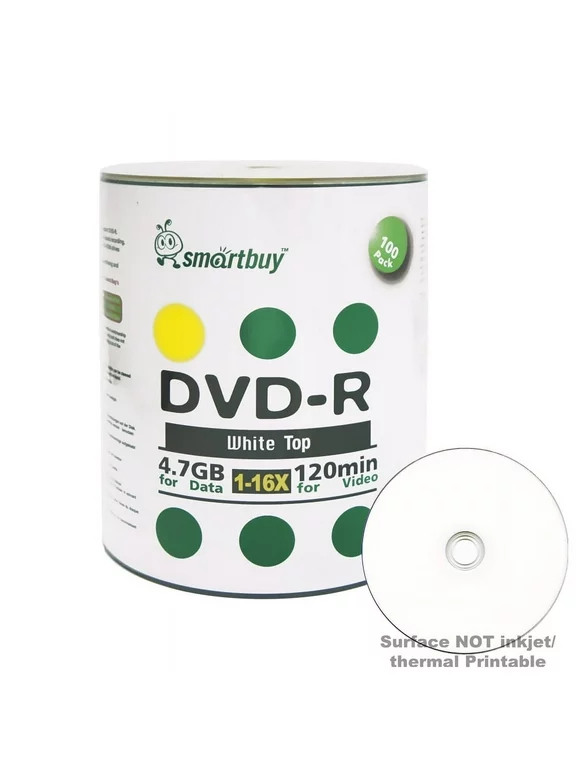 100 Pack Smartbuy 16X DVD-R 4.7GB 120Min White Top (Non-Printable) Data Blank Media Recordable Disc