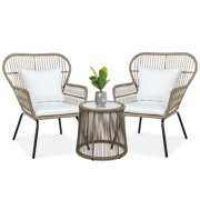 Best Choice Products 3-Piece Patio Wicker Conversation Bistro Set w/ 2 Chairs, Glass Top Side Table, Cushions - Tan