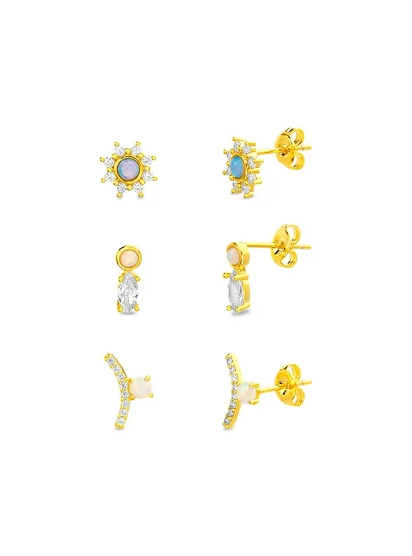 TwoBirch 18k Yellow Gold over Sterling Silver Cubic Zirconia Earring Trio Set (Three Pairs) Opal Halo Studs Marquise and Bezel Opal Earrings Opal Curved Bar Earrings