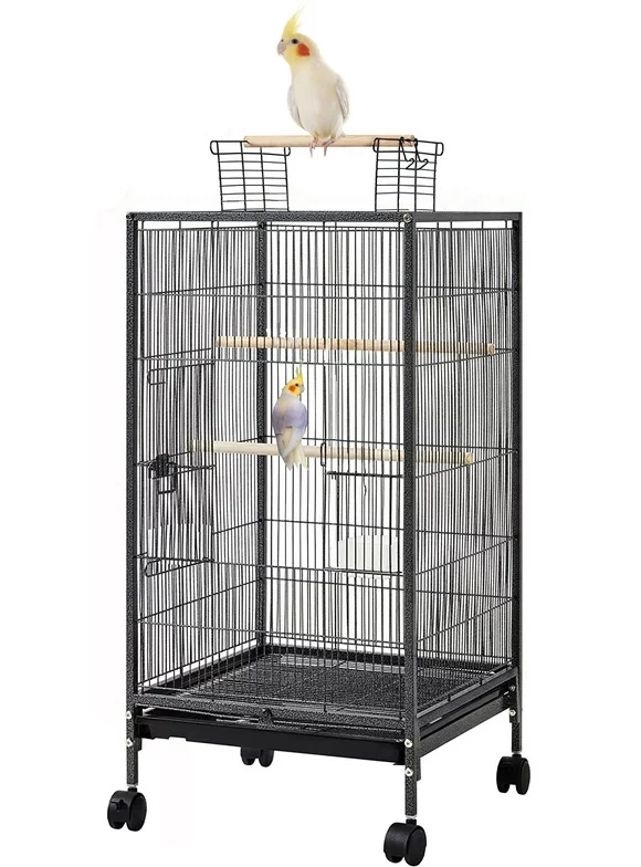 Deluxe Sturdy Wrought Iron Open Top Standing Parrot Parakeet Cage with Rolling Stand Large Metal Bird Flight Cage for Conure Parakeet Cockatiel Finch