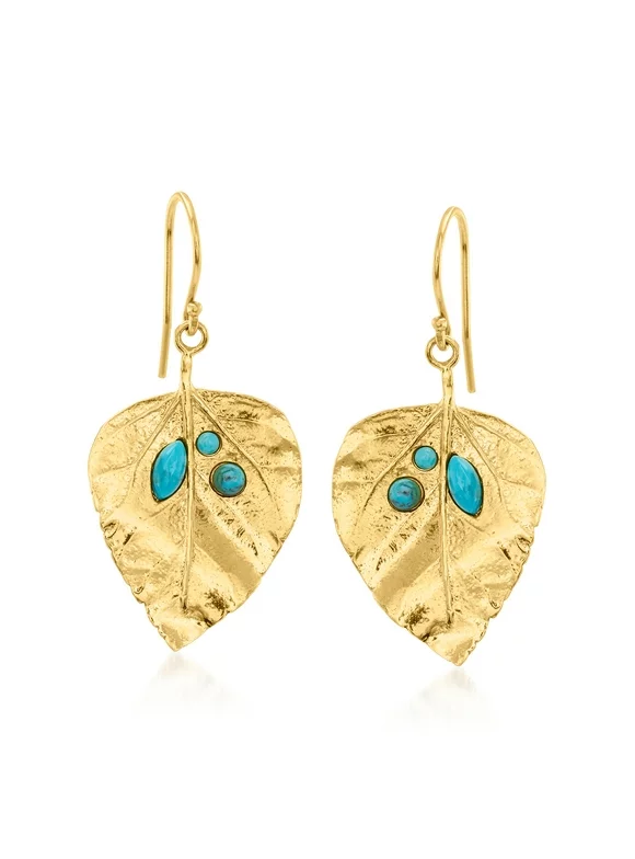Ross-Simons Turquoise and 18kt Gold Over Sterling Leaf Drop Earrings, Women's, Adult