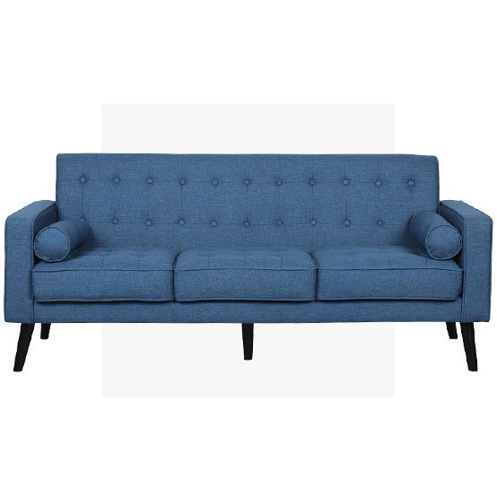 A blue linen mid-century sofa. Links to mid-century sofas on dxfairmall.com.��    