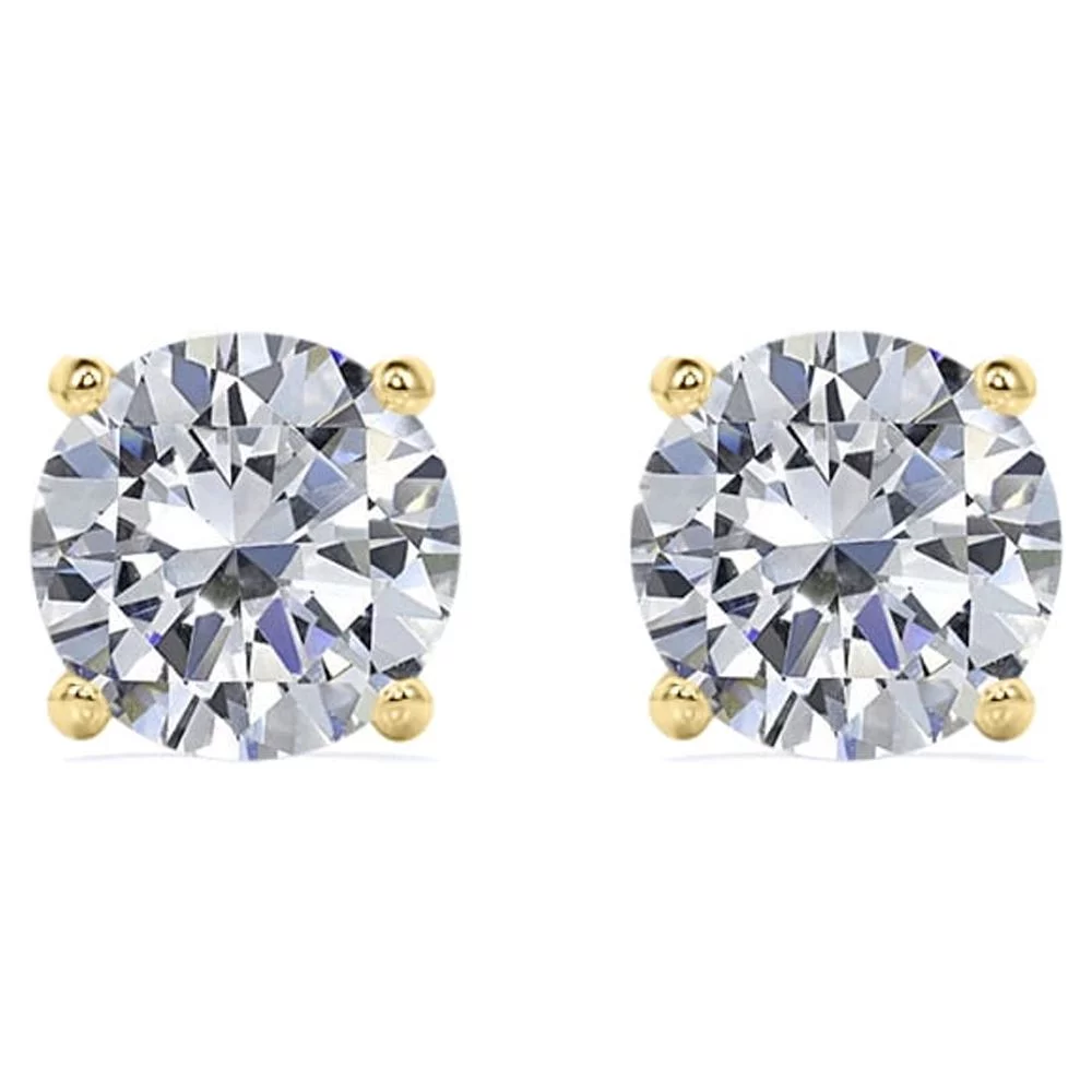 1 Carat Round Moissanite - 4 Prong Solitaire Stud Earrings - 18K Yellow Gold Plating Over Silver