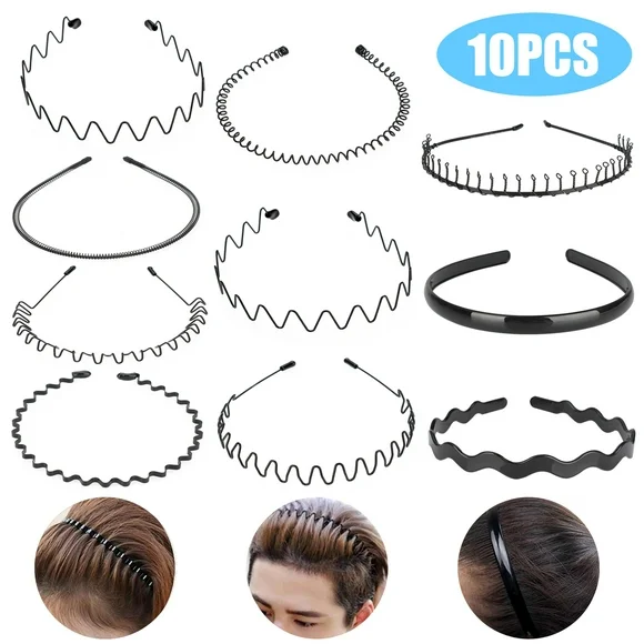 10pcs Metal Hair Bands for Men and Women, EEEkit Elastic Wavy Spring Sports Headbands, Non-Slip Hair Hoop Clips